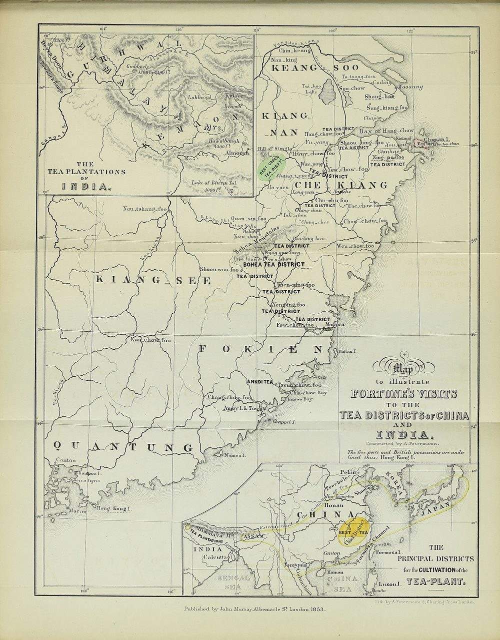 1853 年的地图:中国东南沿海与福琼走访过的茶区